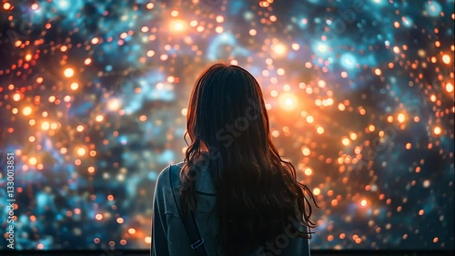 Woman Gazing at Colorful Nebula Space Dreamy Fantasy Art