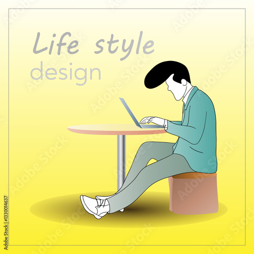A man in a suit works on a laptop at a table in a cafe. Vector image for creating covers, posters...