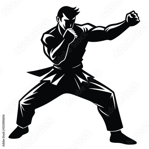 A martial artist in a powerful karate stance their silhouette
