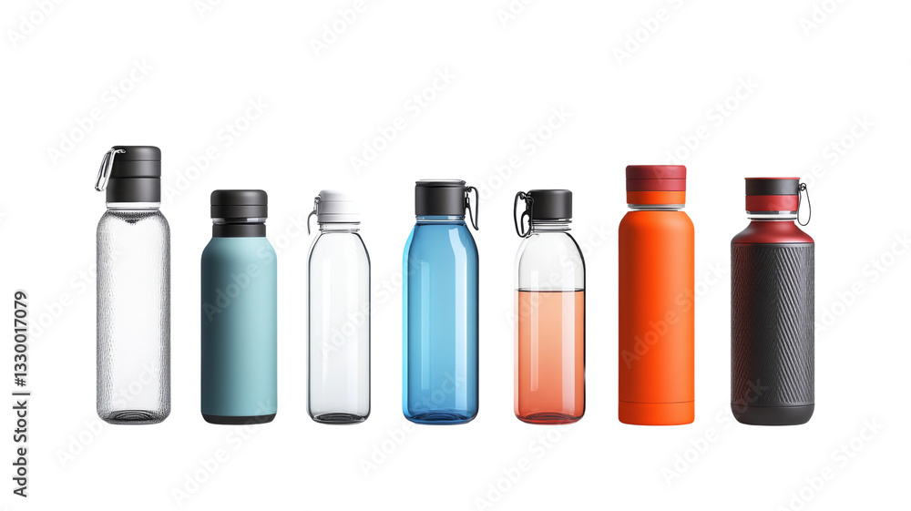 Row of reusable water bottles isolated on transparent background Row of reusable water bottles isolated on transparent background