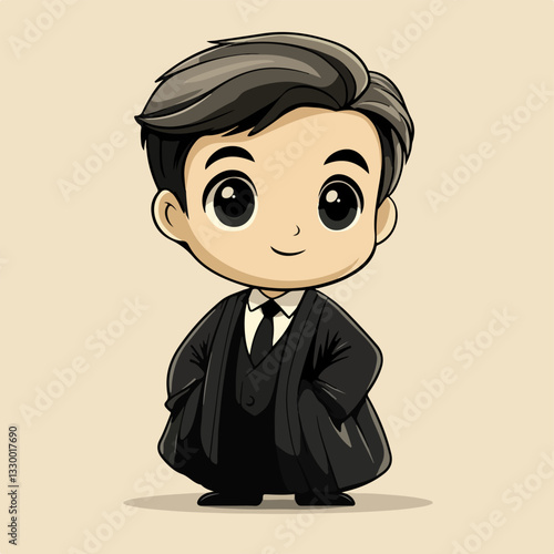 Charming cartoon illustration of a young man in a black suit and tie, standing confidently with hands in pockets, exuding elegance, professionalism, and charisma