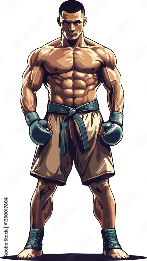 Powerful illustration of a muscular male martial artist standing confidently in a fighting pose, wearing gloves and traditional shorts, exuding strength, determination, and readiness for combat Powerful illustration of a muscular male martial artist standing confidently in a fighting pose, wearing gloves and traditional shorts, exuding strength, determination, and readiness for combat