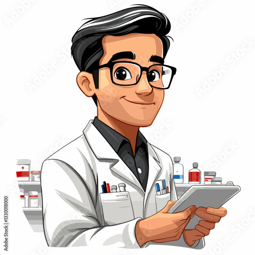 Illustration of a smiling scientist with glasses, a white lab coat, and a tablet in hand, set in a laboratory environment, conveying professionalism and innovation