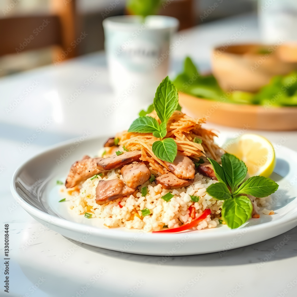 Delicious Grilled Chicken Lunch with Fresh Herbs, Rice, and Vegetables - Elegant Fine Dining Presentation with Natural Ingredients Delicious Grilled Chicken Lunch with Fresh Herbs, Rice, and Vegetables - Elegant Fine Dining Presentation with Natural Ingredients