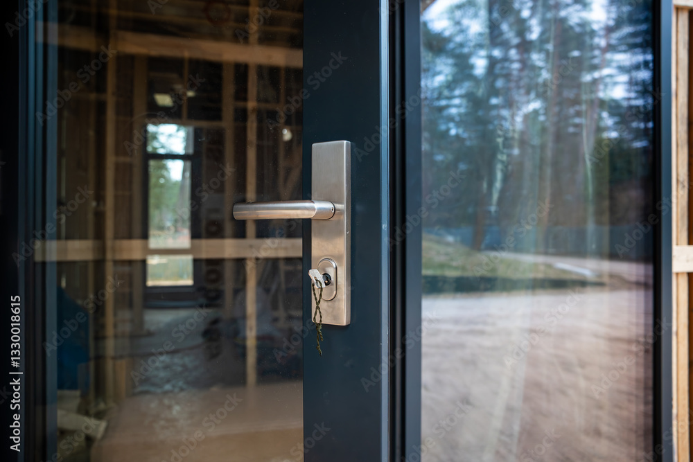 Close up of a glass door with metallic handle and key in lock, revealing wooden framing and unfinished floor of a house under construction.