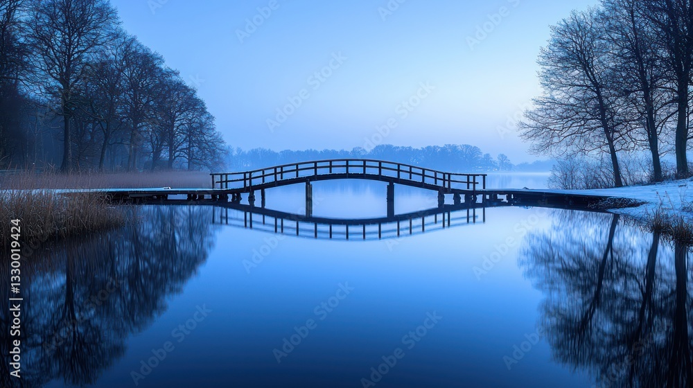 Obraz premium Peaceful winter landscape, serene wooden bridge over a still lake