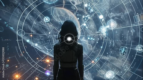 Woman Silhouetted Futuristic Holographic Space Interface Technology AI