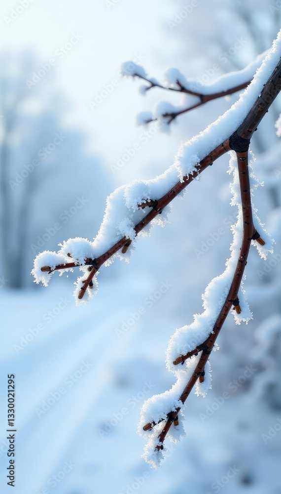 Snowy branches with frosty texture isolated on white background, nature, frost, frozen