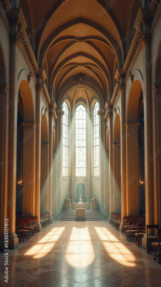 Obraz premium A solemn church interior with sunlight streaming through stained glass windows.