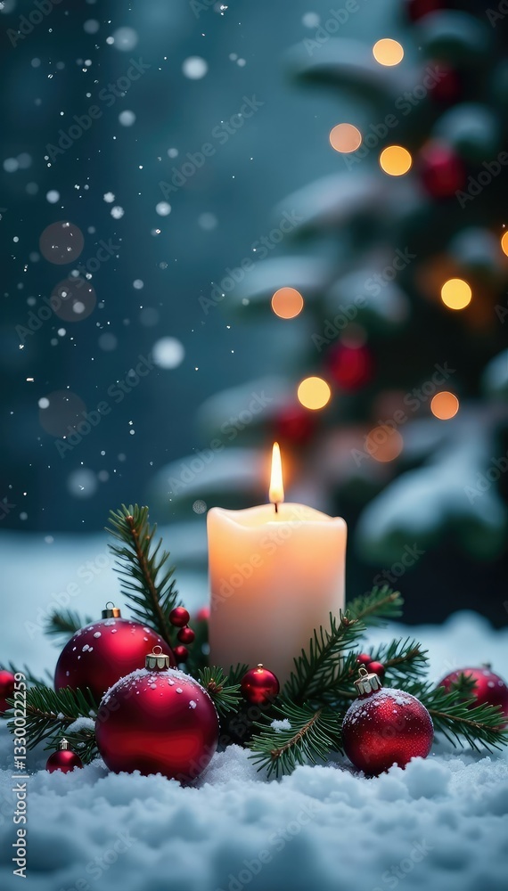 Snowy Christmas scene with lit candle and ornaments, ornaments, holiday, snowy Snowy Christmas scene with lit candle and ornaments, ornaments, holiday, snowy
