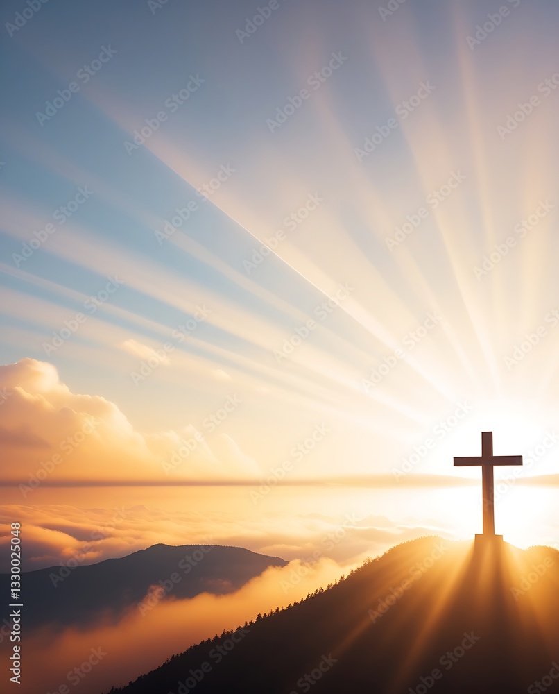 Bright sunlight and holy jesus christ cross silhouette on mountain with copy space