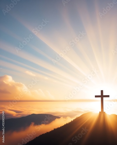 Obraz na płótnie Bright sunlight and holy jesus christ cross silhouette on mountain with copy space w salonie