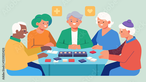 A group of seniors sit down for their weekly game of mahjong each wearing a fitness tracker to monitor their heart rate during the intense matches.. Vector illustration