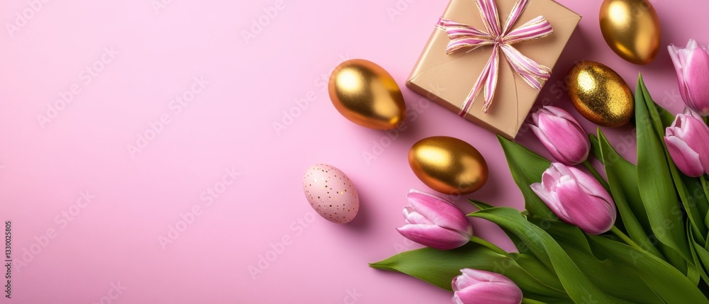 Elegant Easter Arrangement with Golden Eggs, Pink Tulips, and Gift Box on Pastel Pink Background for Festive Spring Celebration Elegant Easter Arrangement with Golden Eggs, Pink Tulips, and Gift Box on Pastel Pink Background for Festive Spring Celebration