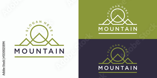 Minimalist mountain logo template. Linear mountain sunrise logo design vector illustration.