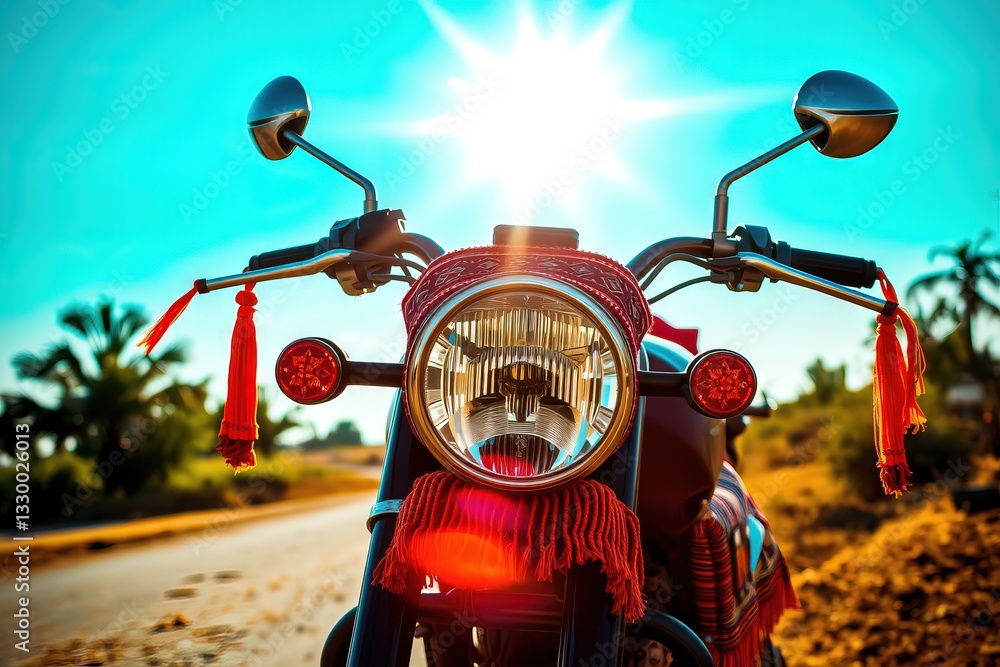 Fototapeta premium Front View of Decorated Motorcycle Shining in Bright Sunlight Outdoors