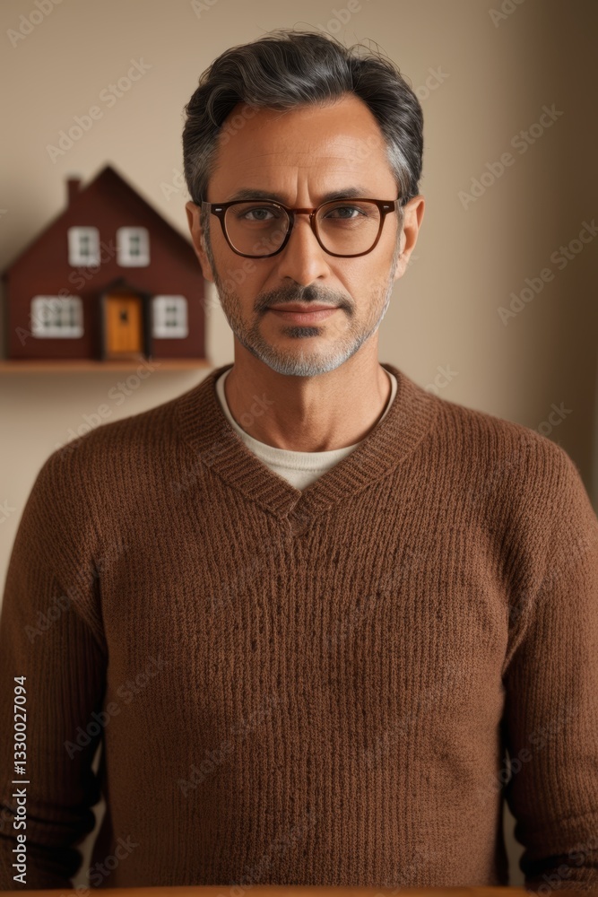 Obraz premium arafed man with glasses and a brown sweater standing in front of a wooden table