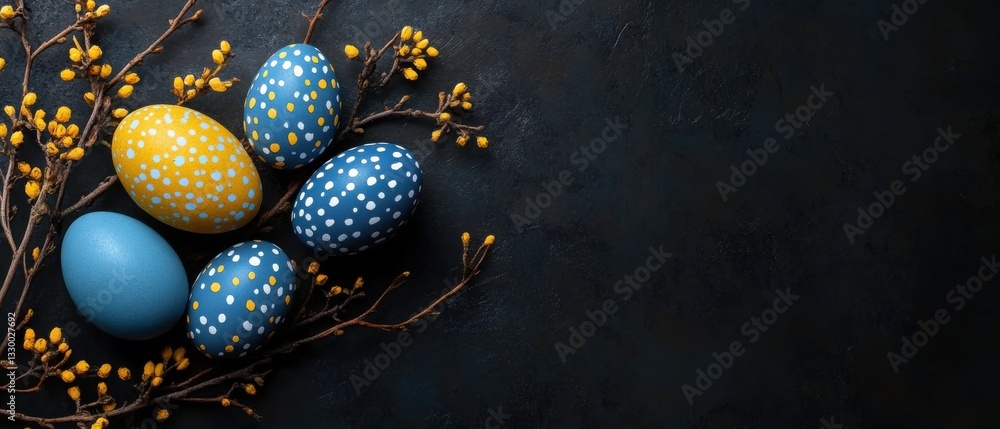 Fototapeta premium Elegant Easter eggs with yellow mimosa branches on dark background Concept of spring holiday, festive decoration, and traditional celebration