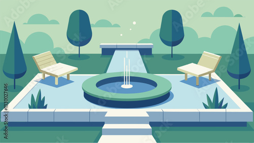 A simple minimalist outdoor space with stone benches and a trickling fountain allowing individuals to disconnect and center themselves.. Vector illustration