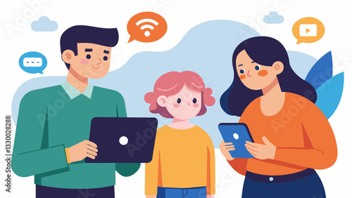 A heated discussion between Gen X parents and their teenager about the appropriate use of technology and social media.. Vector illustration