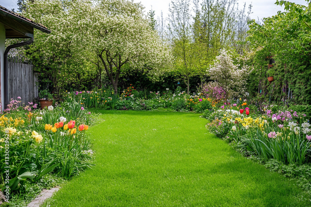 Fototapeta premium Lush Green Backyard Garden With Blooming Spring Flowers And Fresh Grass Generative AI