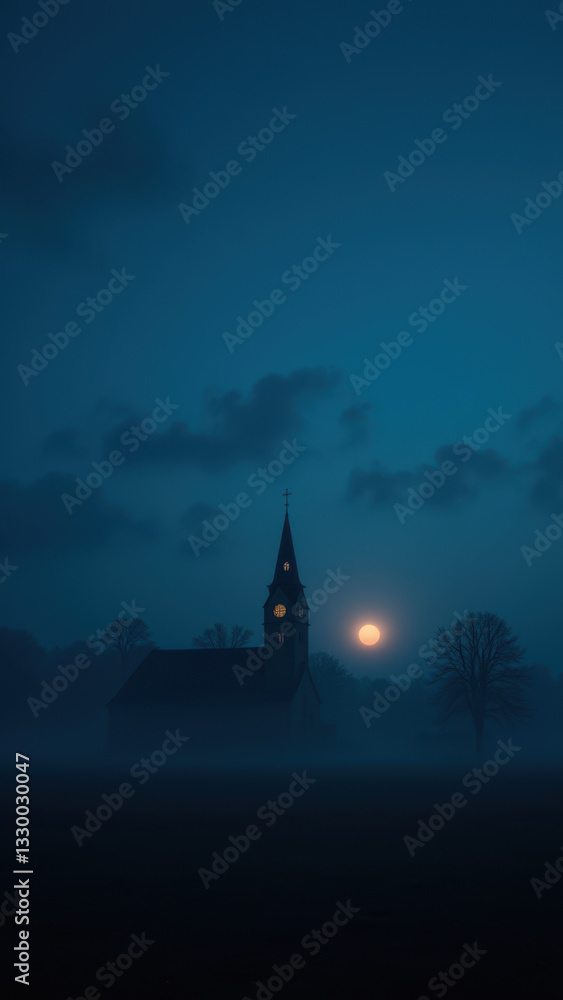 Obraz premium A serene Christian church scene at night with a full moon and misty surroundings.