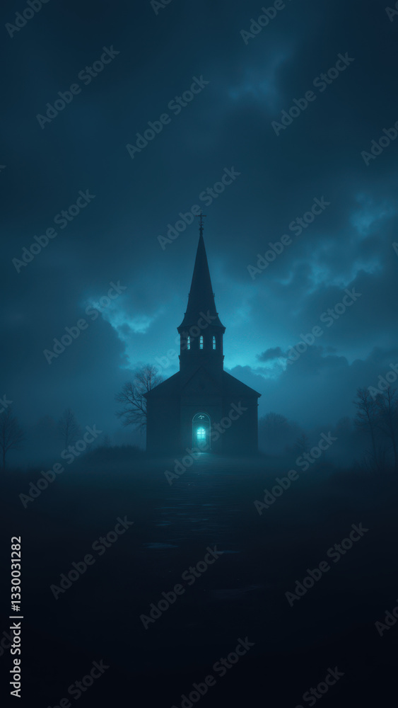 Fototapeta premium A dark night scene with a church illuminated by lightning, creating an ominous ambiance.