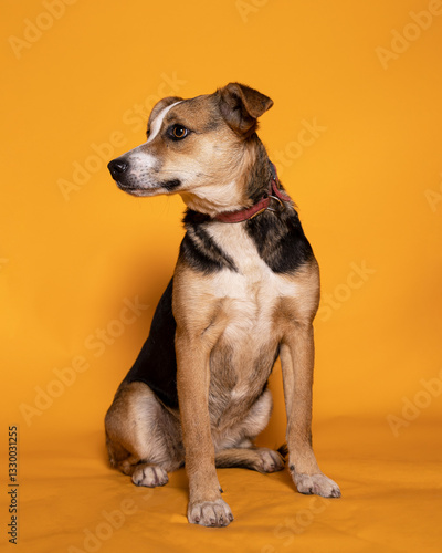 Schilderij op canvas Beautiful small multicolored dog on a bright background