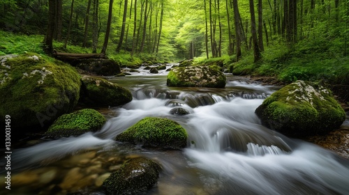 Tranquil Forest Stream with Lush Greenery