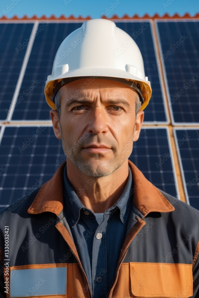 arafed man in a hard hat standing in front of a solar panel arafed man in a hard hat standing in front of a solar panel