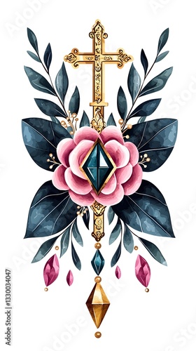 An artistic representation of a cross surrounded by flowers and leaves in watercolor style capturing the essence of baptism