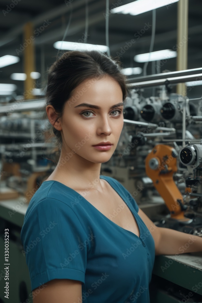 Obraz premium woman in blue shirt working on machine in factory with many machines