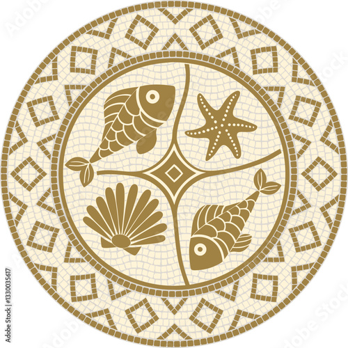 Circular mosaic vector nautical themed ornament with fish, shell and starfish in gold color. For ceramic, home decor, fabric and other projects.