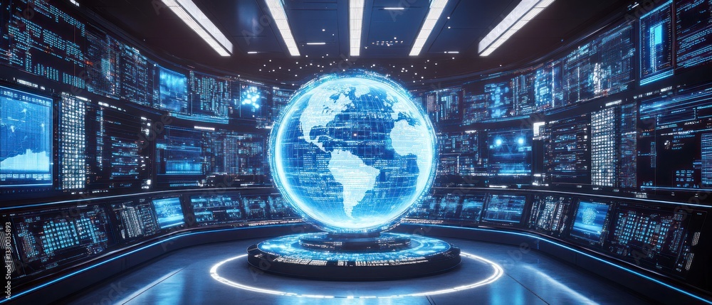 Obraz premium Global Network Control Center: Futuristic Digital Earth Monitoring System