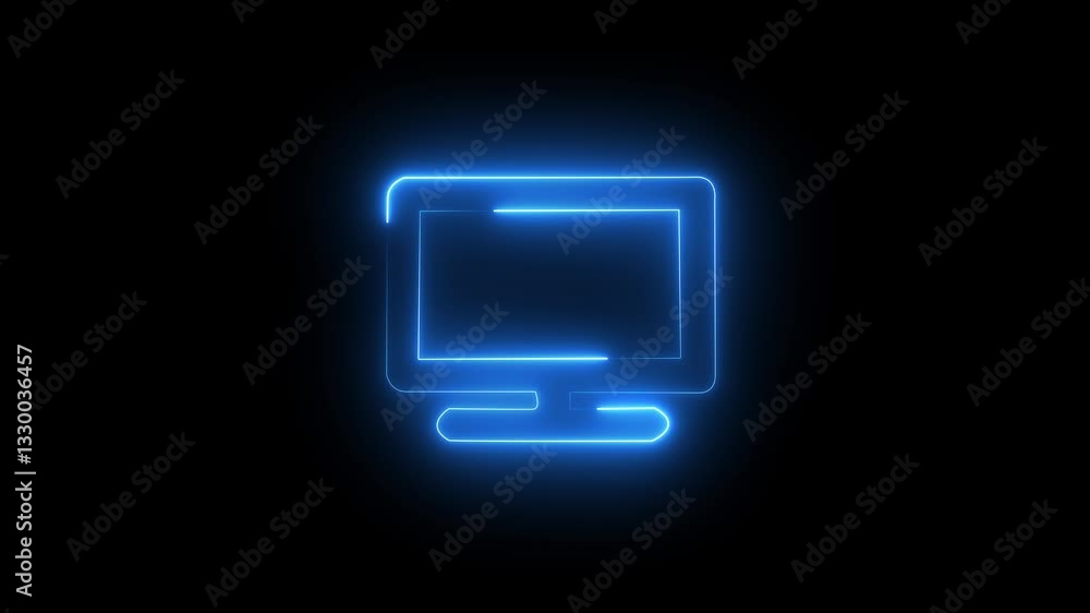 TV monitor icon animation on black background .Futuristic TV studio set, neon chroma screen, sleek curved desk. Television sign. 4K Video motion graphic animation. TV monitor icon animation on black background .Futuristic TV studio set, neon chroma screen, sleek curved desk. Television sign. 4K Video motion graphic animation.