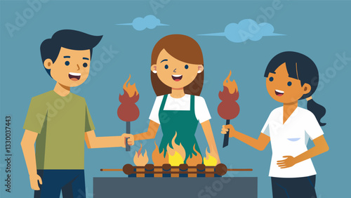 The sizzling sounds of anticuchos hitting the hot grill compete with the lively chatter of customers eagerly anticipating their savory treat.. Vector illustration