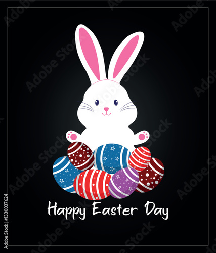Easter bunny, rabbit with coloring easter eggs decoration, happy easter day illustration on a dark  background