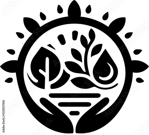 black and white vector illustration of hands holding plant, leaf, and water drop for eco logo