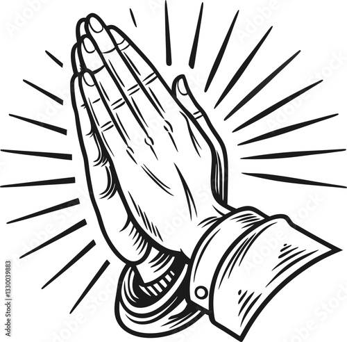 Vintage Black and White Praying Hands Illustration with Radiating Light

