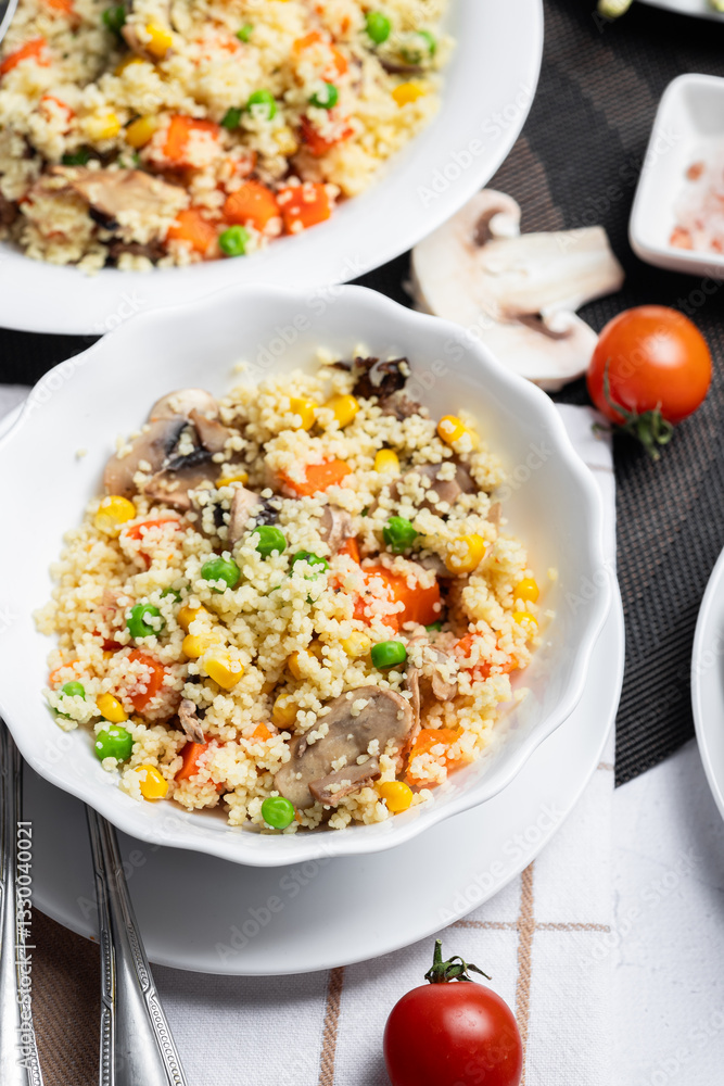 Couscous is a dish made from wheat grains (semolina) or millet. Lean couscous with mushrooms, corn, peas, herbs, tomatoes. Side view. Flatlay. Couscous on a light background. Couscous in a white plate Couscous is a dish made from wheat grains (semolina) or millet. Lean couscous with mushrooms, corn, peas, herbs, tomatoes. Side view. Flatlay. Couscous on a light background. Couscous in a white plate