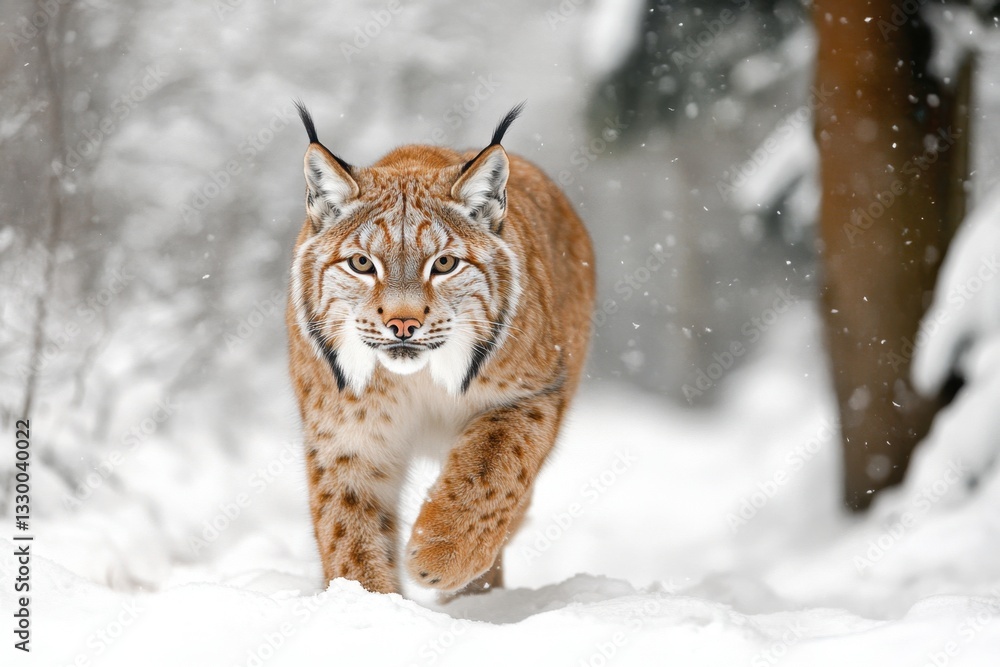 Fototapeta premium Majestic Lynx Walking Through Snowy Wilderness / Wild Lynx in a Winter
