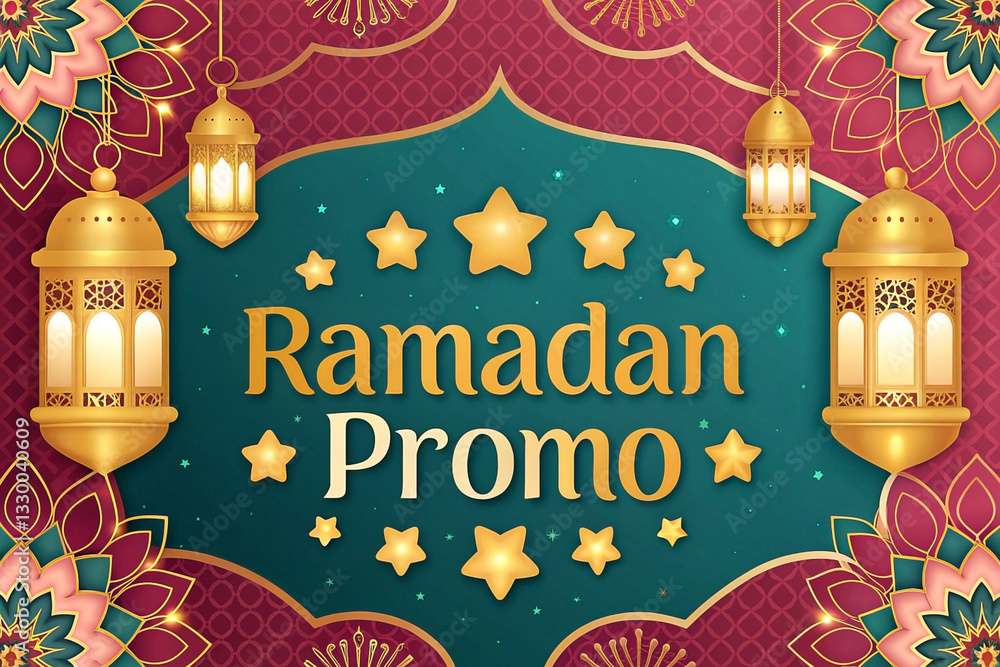 Naklejka premium Ramadan promotion banner with gold lanterns, teal background, floral design