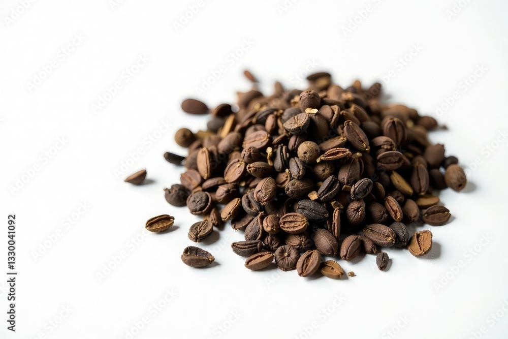 Tea leaves in a pile on a plain white background, brown color, loose leaf tea Tea leaves in a pile on a plain white background, brown color, loose leaf tea