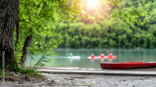 Scenic lake view depicting kayaking near a forested shoreline