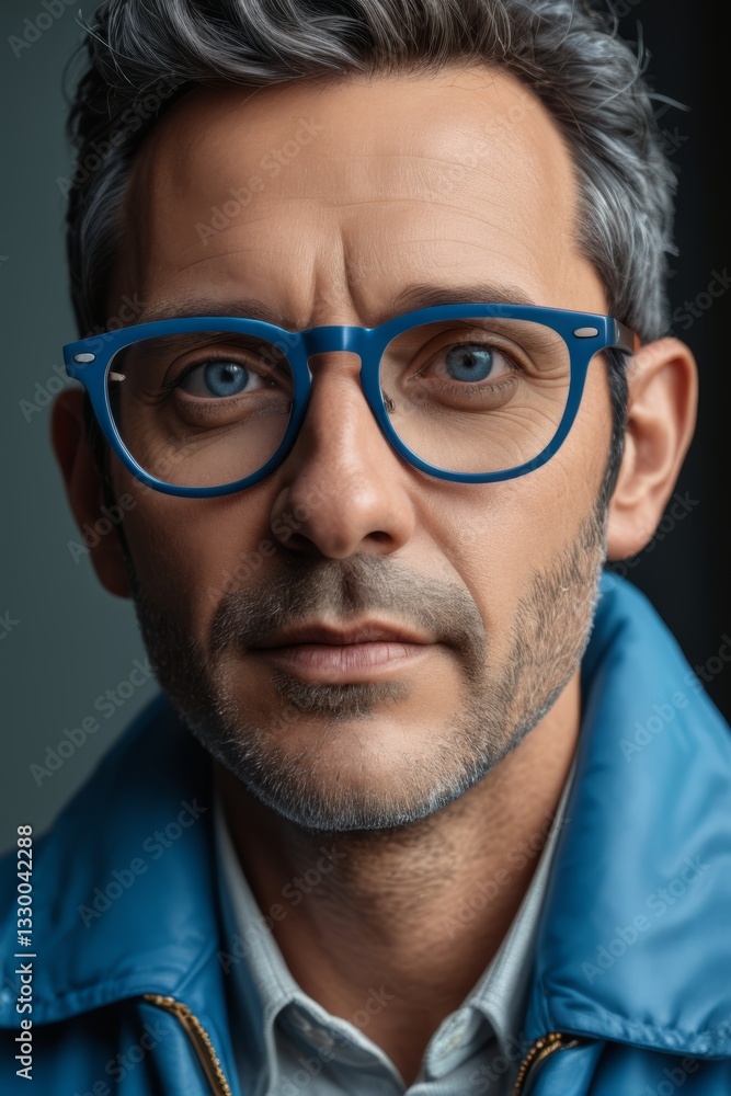 arafed man with glasses and a blue jacket looking at the camera arafed man with glasses and a blue jacket looking at the camera