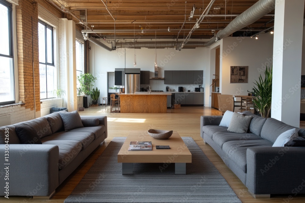 Naklejka premium Modern loft apartment with open plan living area, kitchen, and large windows.