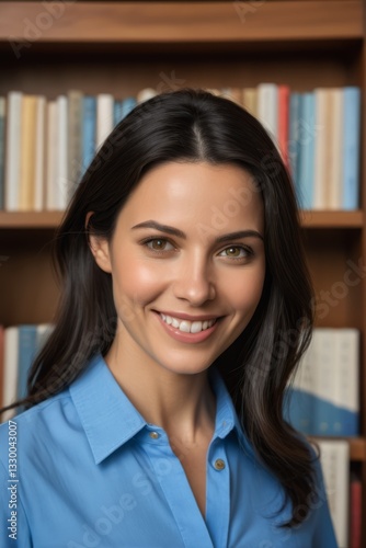 smiling woman in blue shirt in front of bookshelf with books