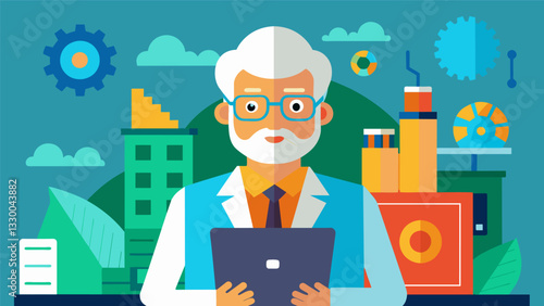 A retired engineer using their technical expertise and industry knowledge to contribute to the growth and development of a new tech company.. Vector illustration