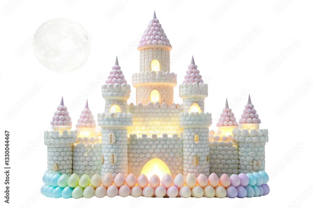 Obraz premium Magical candy castle decorated with pastel sweets and illuminated by soft lights for festive celebrations