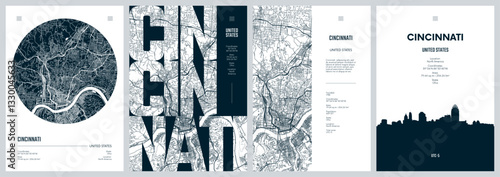 Set of travel posters with Cincinnati, detailed urban street plan city map, Silhouette city skyline, vector artwork